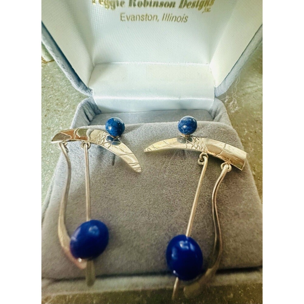 Stamped Peggy Robinson VTG Sterling 925 Lapis Dangle Earrings Detach Posts - Picture 8 of 8